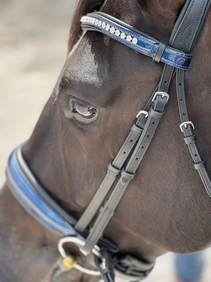 #57 Extra Padded Snaffle Bridle, BLUE Patent Leather Noseband & Crystal Browband w/ English Leather Rubber Lined Reins