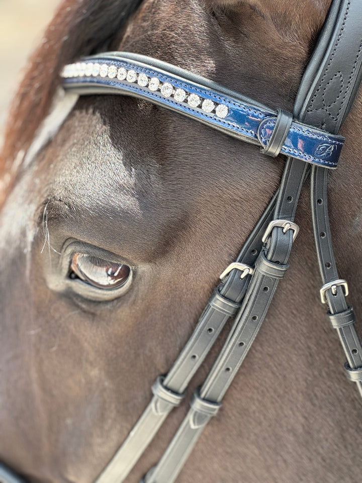 #57 Extra Padded Snaffle Bridle, BLUE Patent Leather Noseband & Crystal Browband w/ English Leather Rubber Lined Reins