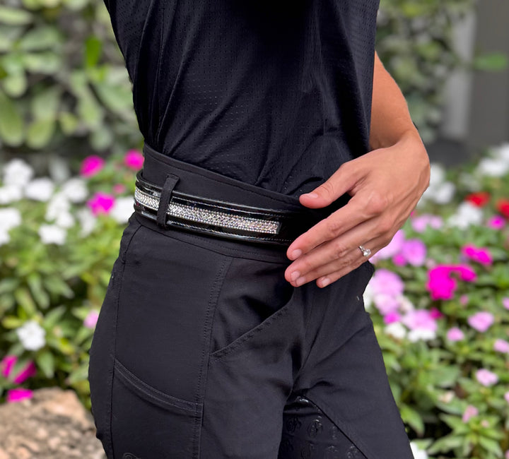 Women's Black Patent Leather Belt w/Diamond Crystal Design