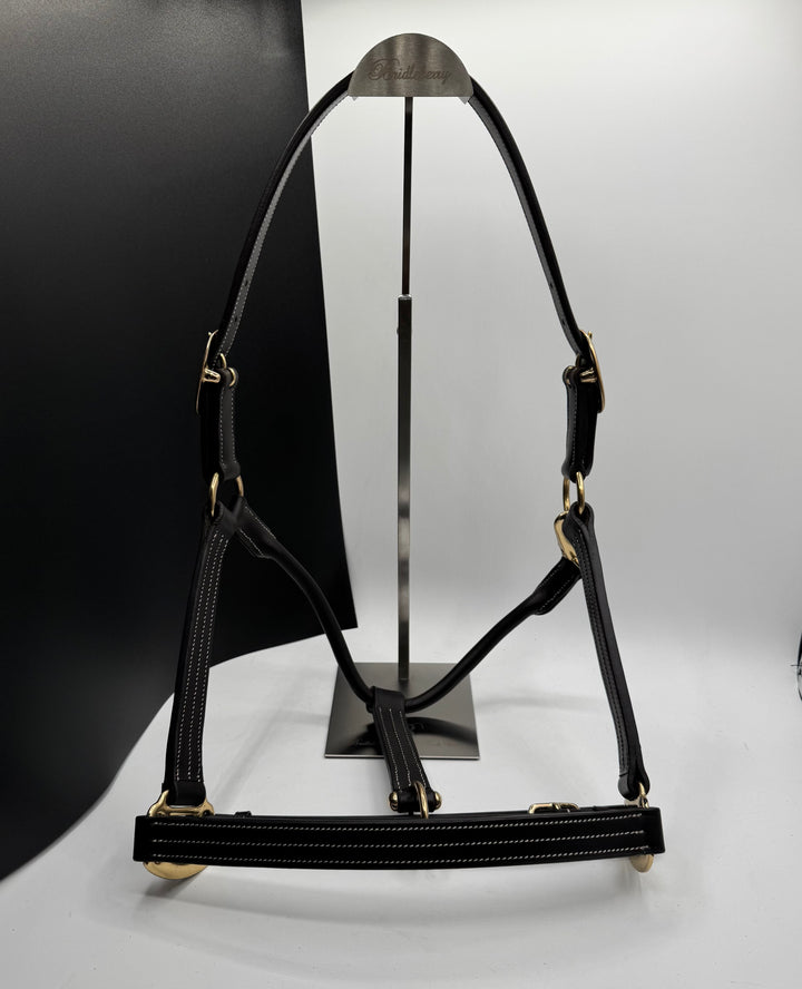 #6 Triple Stitched Brown Leather Halter w/Brass, Adjustable Chin Strap, Clip and Buckle Crown