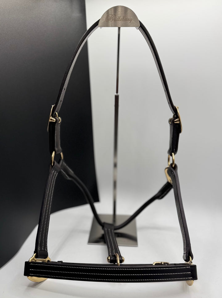 #6 Triple Stitched Brown Leather Halter w/Brass, Adjustable Chin Strap, Clip and Buckle Crown