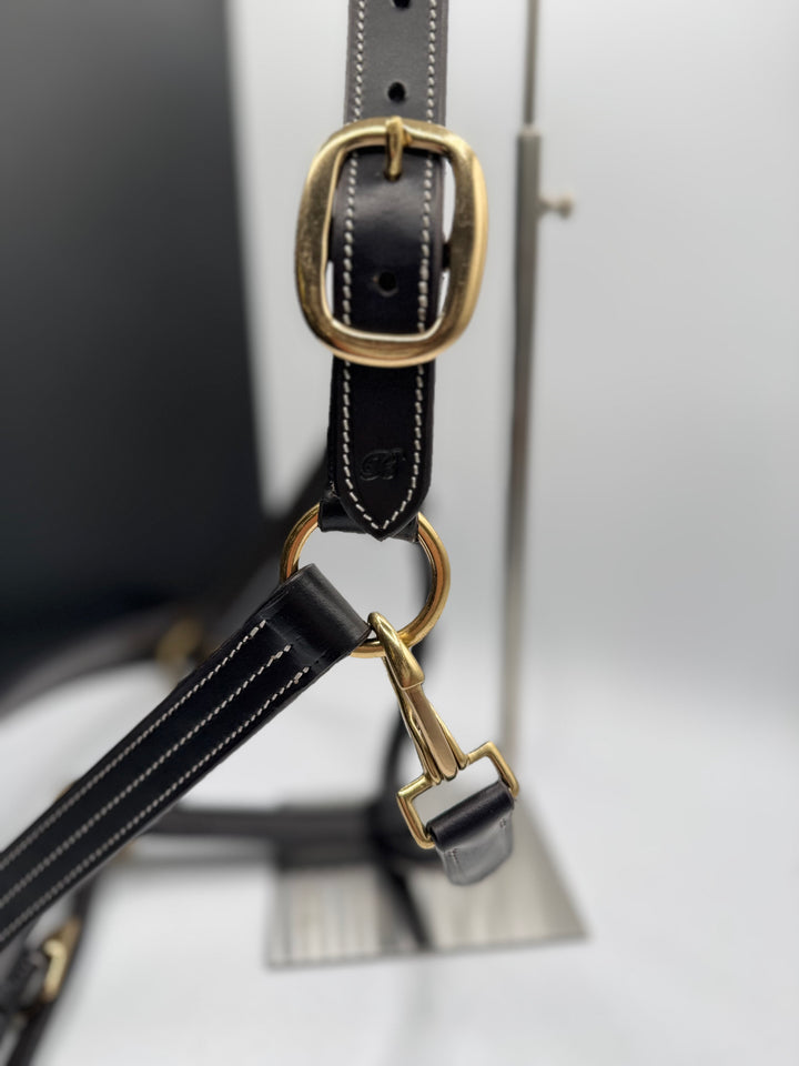 #6 Triple Stitched Brown Leather Halter w/Brass, Adjustable Chin Strap, Clip and Buckle Crown