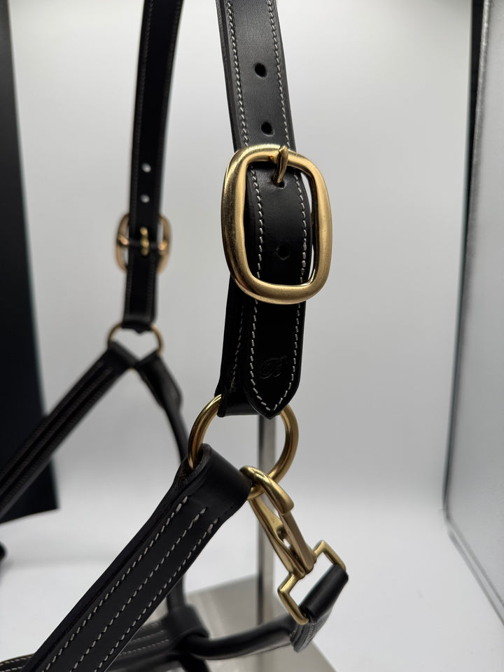 #6 Triple Stitched Brown Leather Halter w/Brass, Adjustable Chin Strap, Clip and Buckle Crown