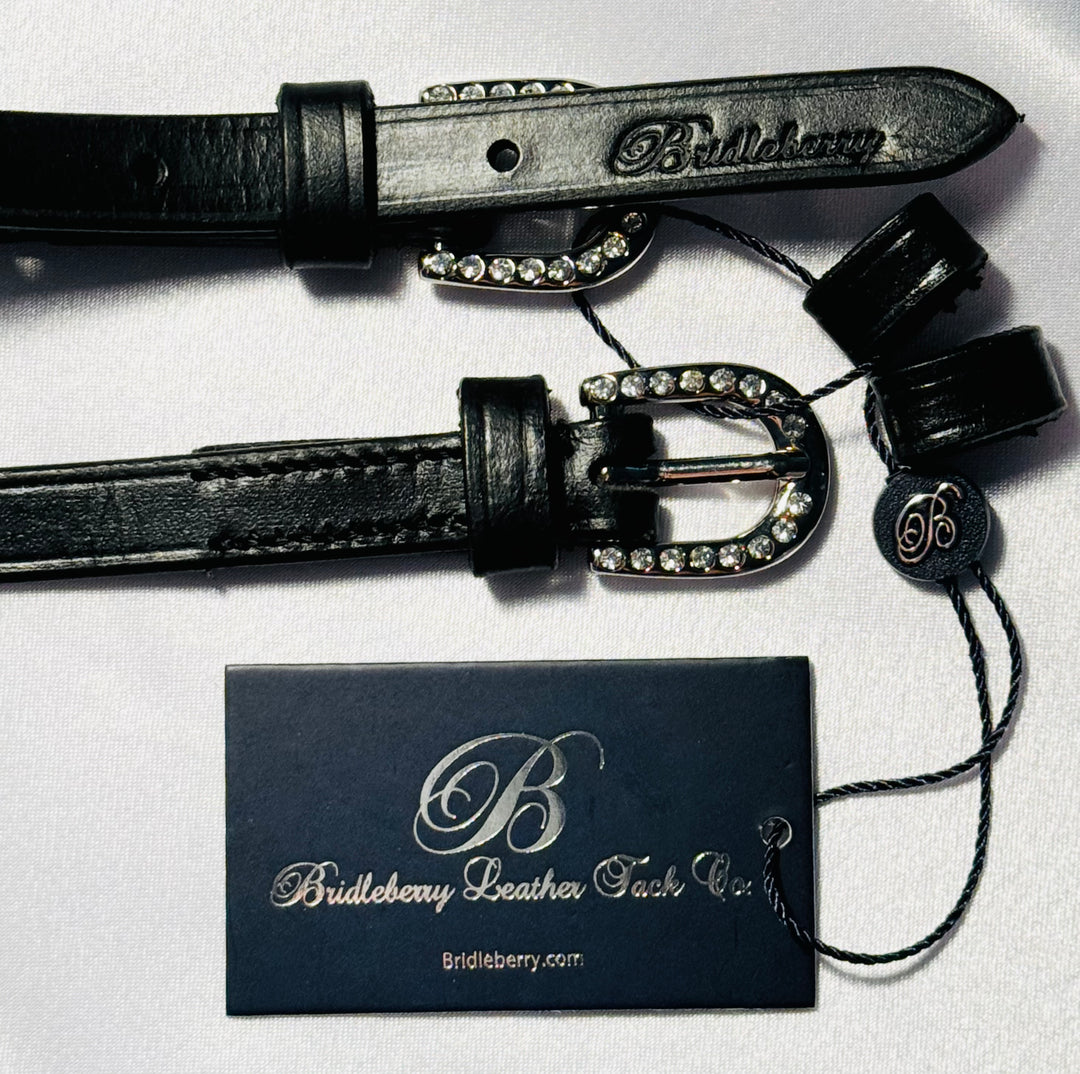 Black Leather Spur Straps w/Crystal Embellished Buckle