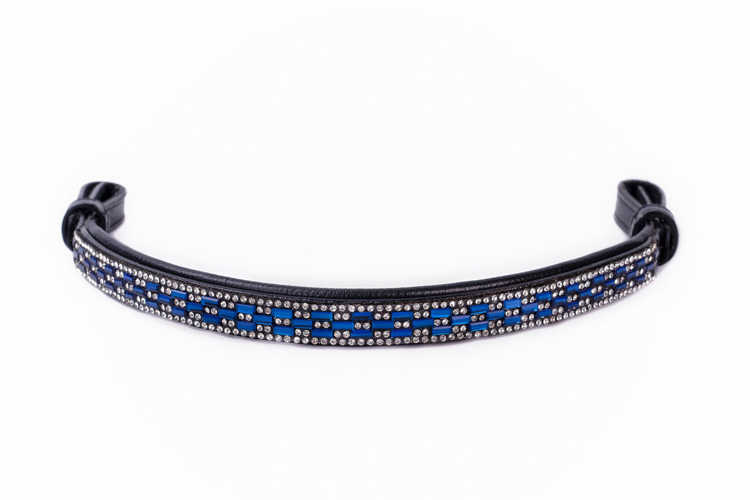 #104 Leather Browband w/5 rows of Crystals,3 rows in Blue & Clear Rectangle Pattern, Edged in Clear Crystals - Bridleberry Leather Tack Co. 