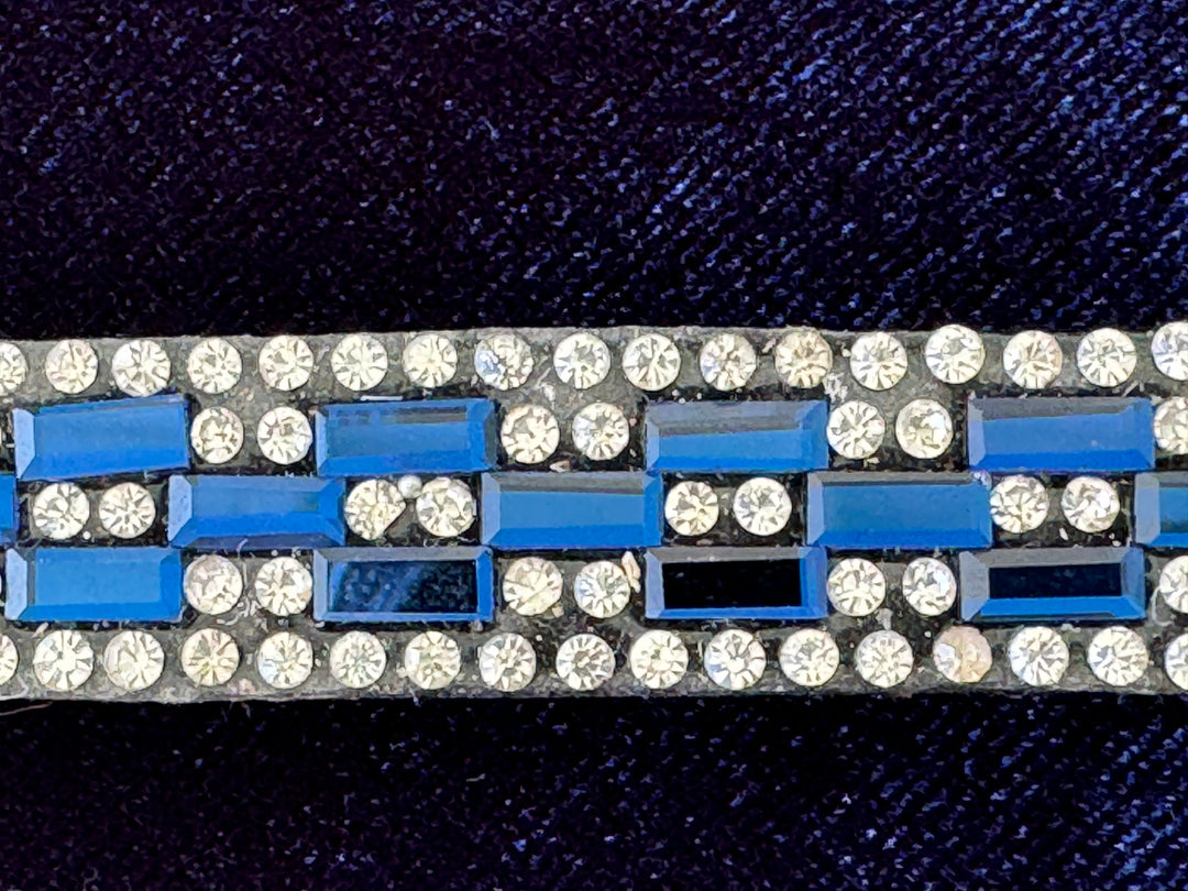 #104 Leather Browband w/5 rows of Crystals,3 rows in Blue & Clear Rectangle Pattern, Edged in Clear Crystals - Bridleberry Leather Tack Co. 