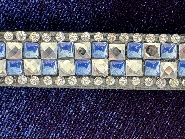 #106 Leather Browband with 4 rows, 2 rows in  Blue & Crystal Square Pattern, Edged in Crystals - Bridleberry Leather Tack Co. 