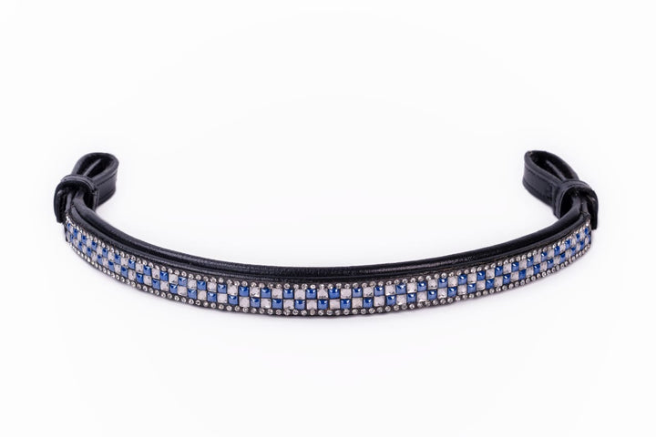 #106 Leather Browband with 4 rows, 2 rows in  Blue & Crystal Square Pattern, Edged in Crystals - Bridleberry Leather Tack Co. 