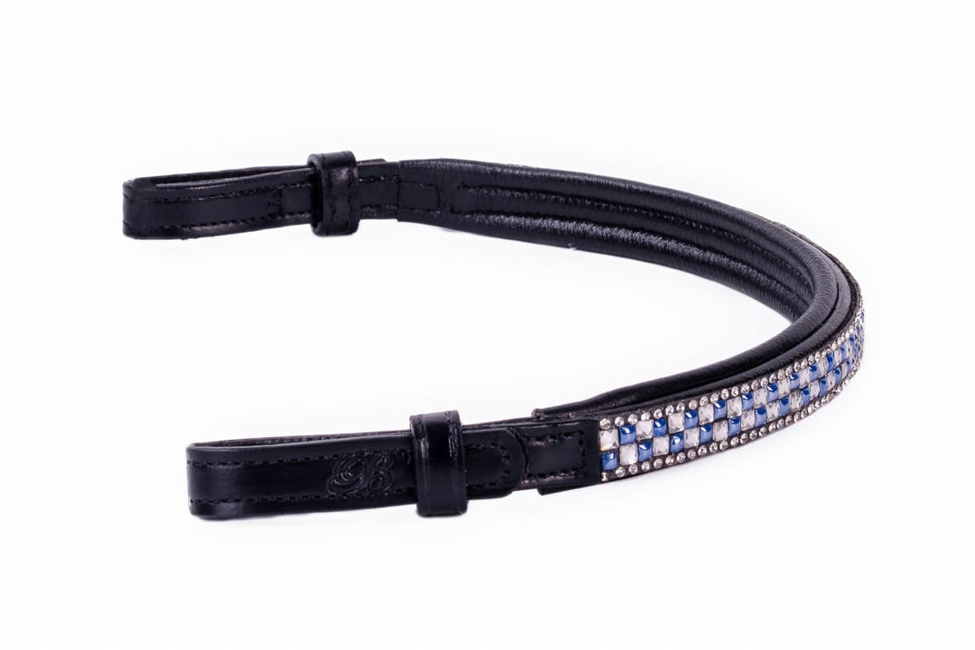 #106 Leather Browband with 4 rows, 2 rows in  Blue & Crystal Square Pattern, Edged in Crystals - Bridleberry Leather Tack Co. 