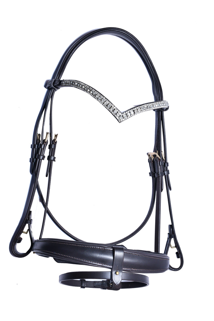 #11 Padded Leather Bridle w/ "V" Crystal Browband, Rubber lined English Leather Anti Slip Reins - Bridleberry Leather Tack Co. 