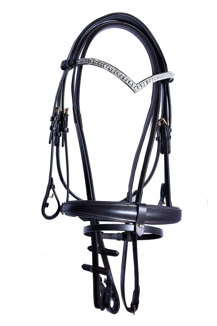 #11 Padded Leather Bridle w/ "V" Crystal Browband, Rubber lined English Leather Anti Slip Reins - Bridleberry Leather Tack Co. 