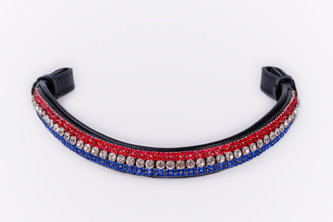 #113 Browband w/ rows of Crystals in RED,WHITE & BLUE - Bridleberry Leather Tack Co. 