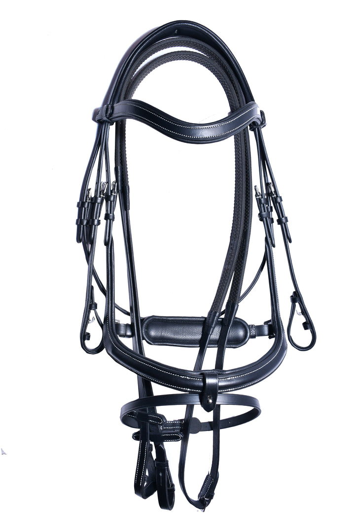 # 12 Padded Leather Bridle w/ White Stitching w/ English Leather Rubber Reins - Bridleberry Leather Tack Co. 