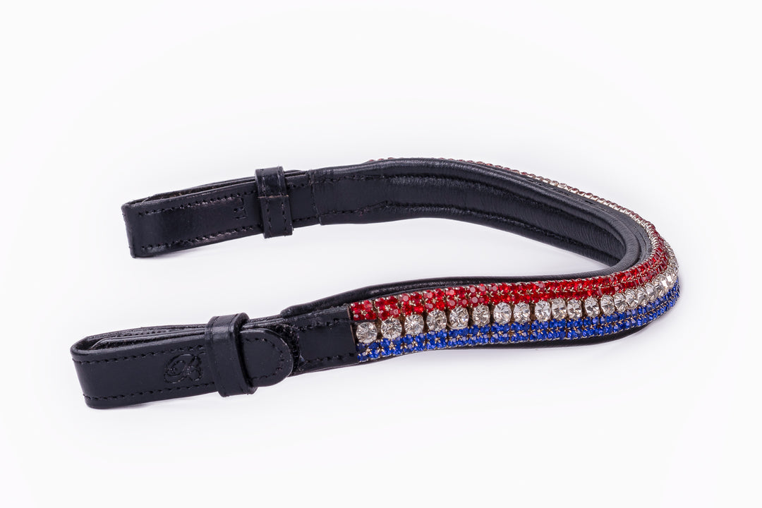 #113 Browband w/ rows of Crystals in RED,WHITE & BLUE - Bridleberry Leather Tack Co. 