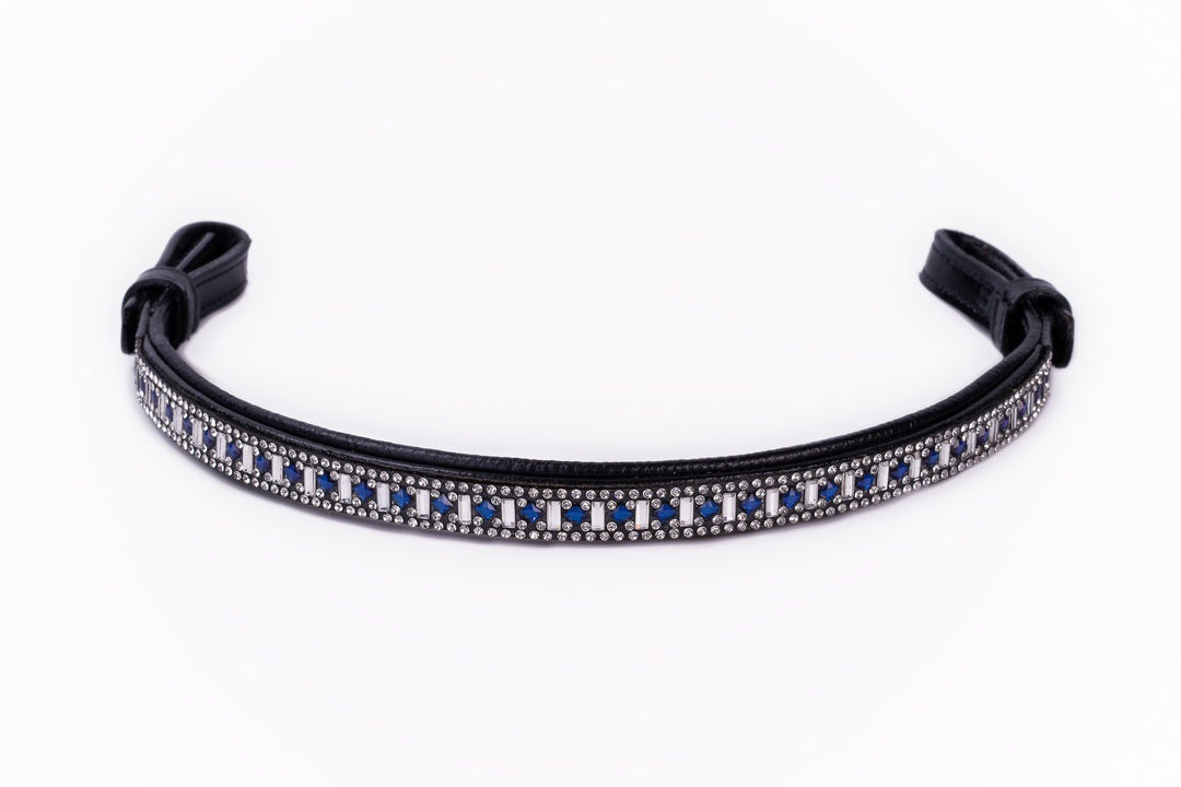 #110 Leather Browband w/ Rectangle Crystals & Blue Round Crystals, Edged in Crystals - Bridleberry Leather Tack Co. 