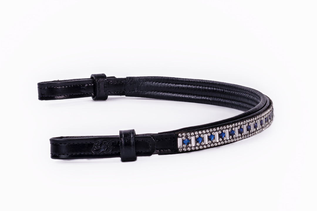 #110 Leather Browband w/ Rectangle Crystals & Blue Round Crystals, Edged in Crystals - Bridleberry Leather Tack Co. 