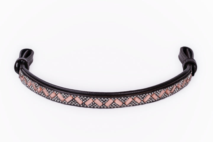 #105 Leather Browband w/Peach & Crystals in a Chevron Pattern, Edged in Crystals - Bridleberry Leather Tack Co. 