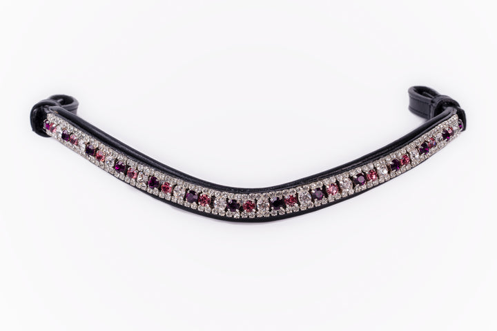 #107 Leather Browband w/Large/ Pink/Ruby/ Crystal pattern,Edged in Crystals - Bridleberry Leather Tack Co. 