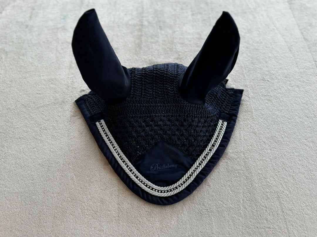 Black Crocheted Ear Bonnet Edged in Cord & Crystals