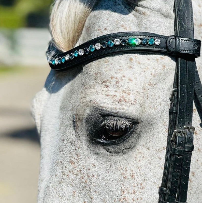 #120 Large Turquoise/Blue/Crystals in Curved Black Leather Browband