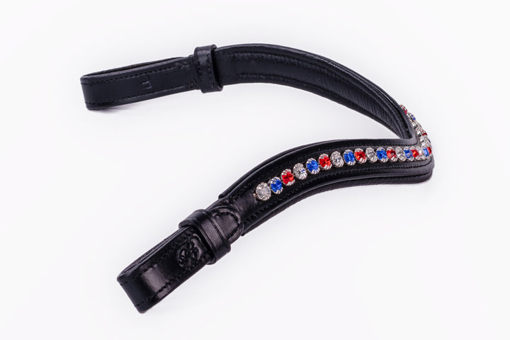 #112 Leather Browband w/ single row of Crystals in Red, White & Blue - Bridleberry Leather Tack Co. 