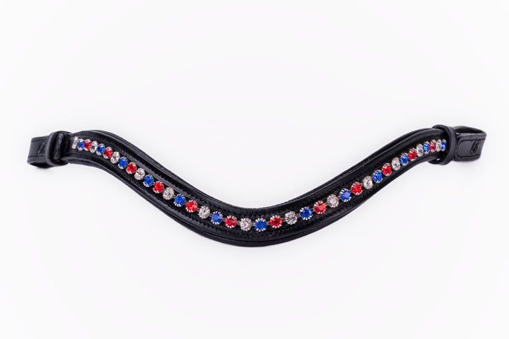 #112 Leather Browband w/ single row of Crystals in Red, White & Blue - Bridleberry Leather Tack Co. 