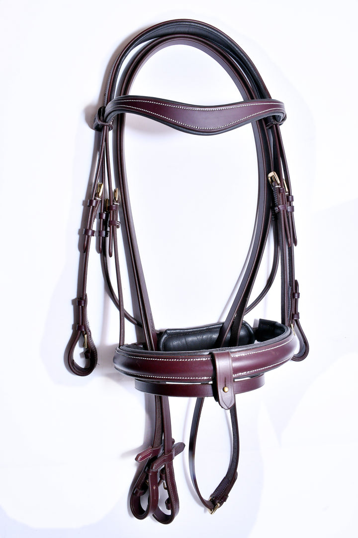 #5 Leather Bridle w/White Stitching,"U"Shaped padded Leather Browband,w/Plain Full Grain English Leather Reins - Bridleberry Leather Tack Co. 