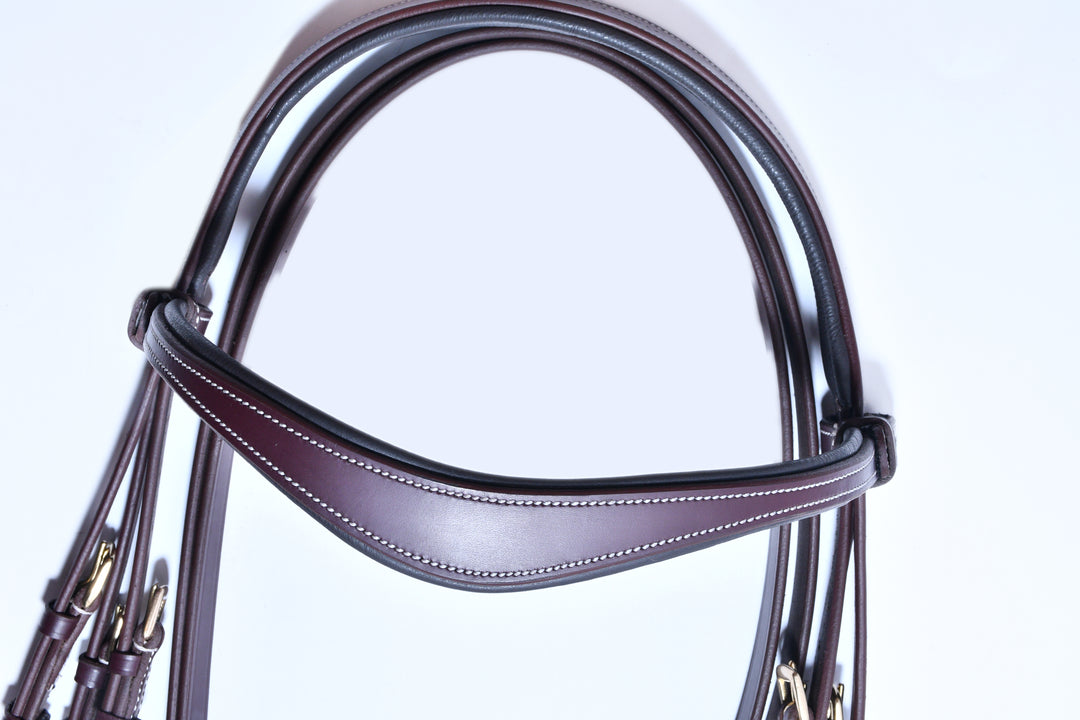 #5 Leather Bridle w/White Stitching,"U"Shaped padded Leather Browband,w/Plain Full Grain English Leather Reins - Bridleberry Leather Tack Co. 