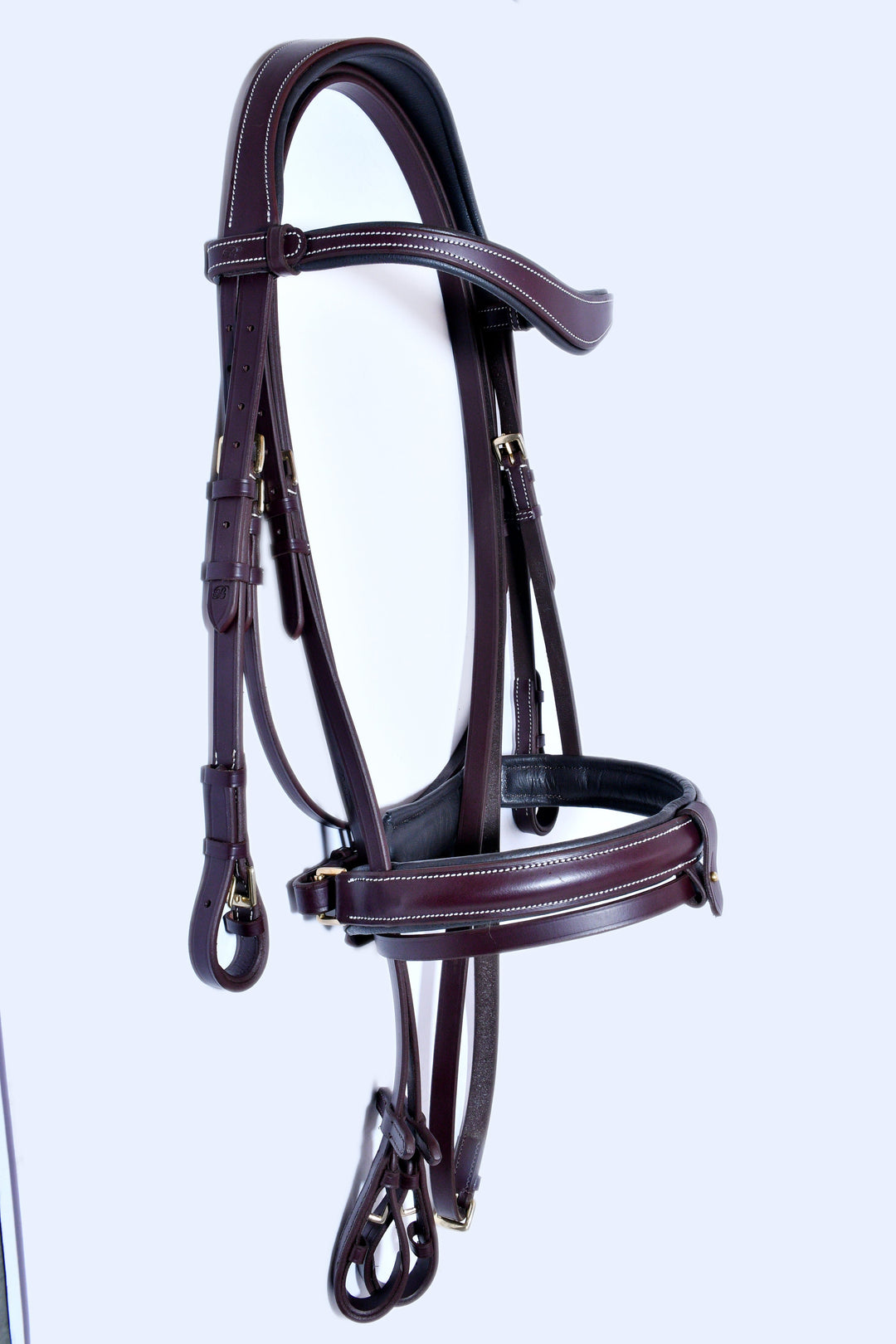 #5 Leather Bridle w/White Stitching,"U"Shaped padded Leather Browband,w/Plain Full Grain English Leather Reins - Bridleberry Leather Tack Co. 