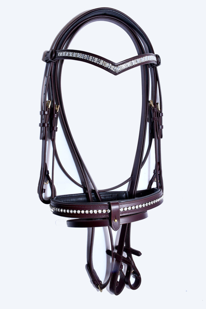 #1  Leather Bridle Crystal Noseband Multi Crystal "V" Browband w/Plain Full Grain English Leather Reins - Bridleberry Leather Tack Co. 