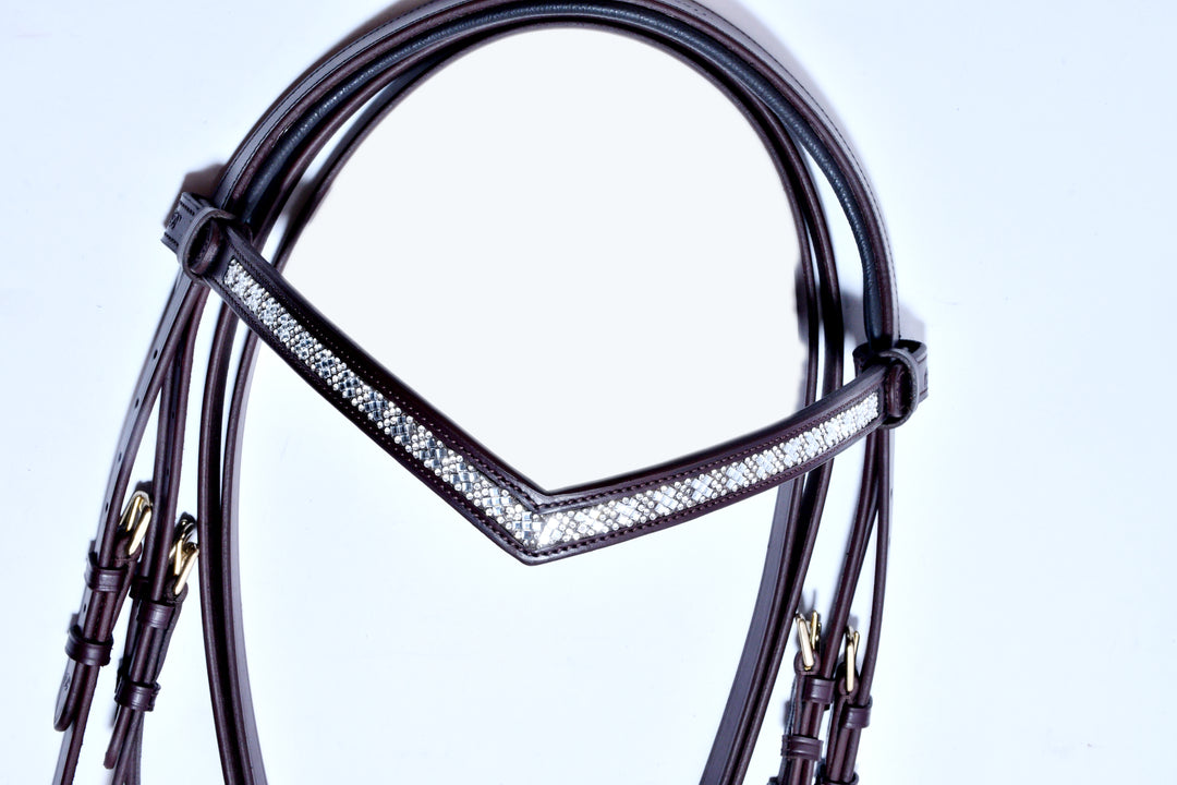 #1  Leather Bridle Crystal Noseband Multi Crystal "V" Browband w/Plain Full Grain English Leather Reins - Bridleberry Leather Tack Co. 