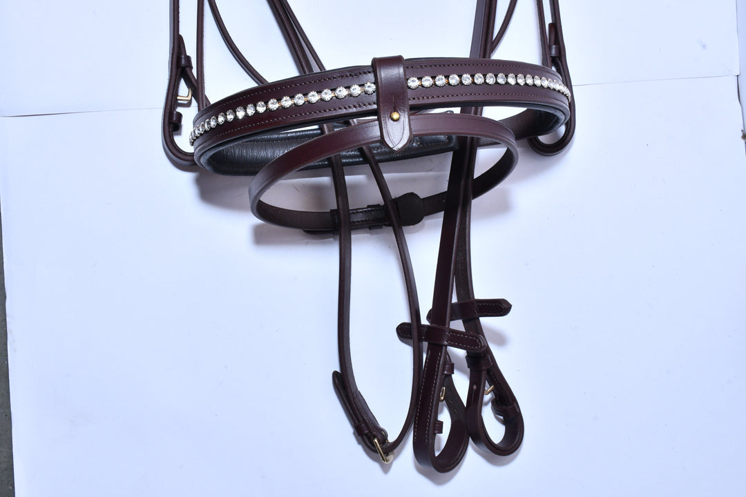 #1  Leather Bridle Crystal Noseband Multi Crystal "V" Browband w/Plain Full Grain English Leather Reins - Bridleberry Leather Tack Co. 