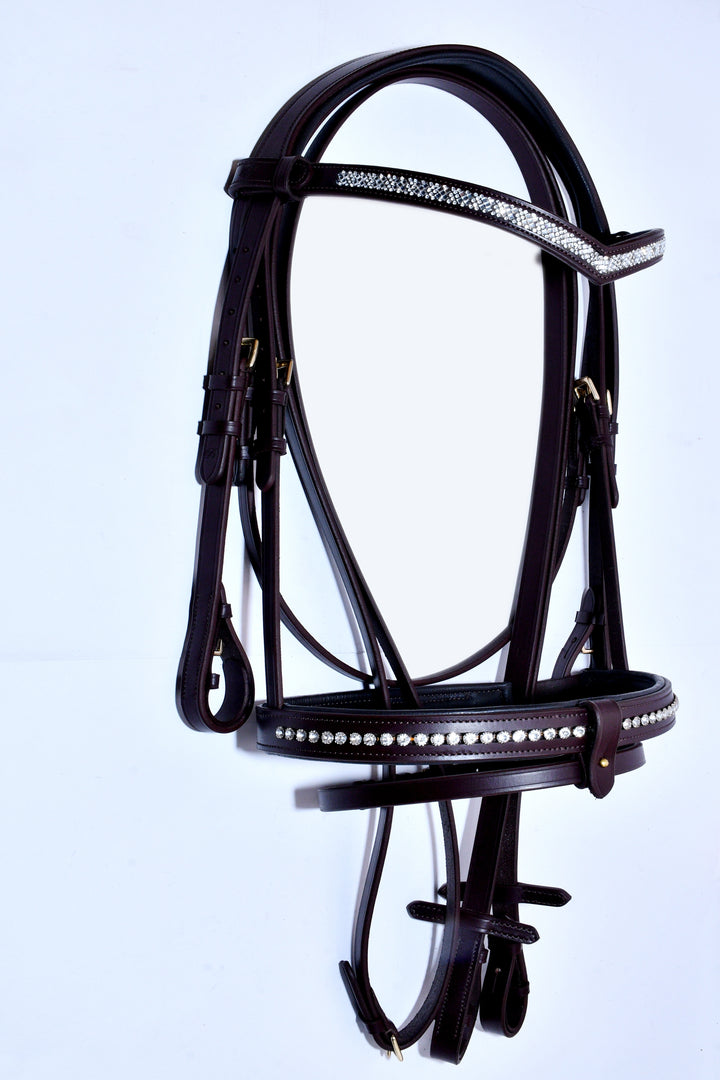 #1  Leather Bridle Crystal Noseband Multi Crystal "V" Browband w/Plain Full Grain English Leather Reins - Bridleberry Leather Tack Co. 