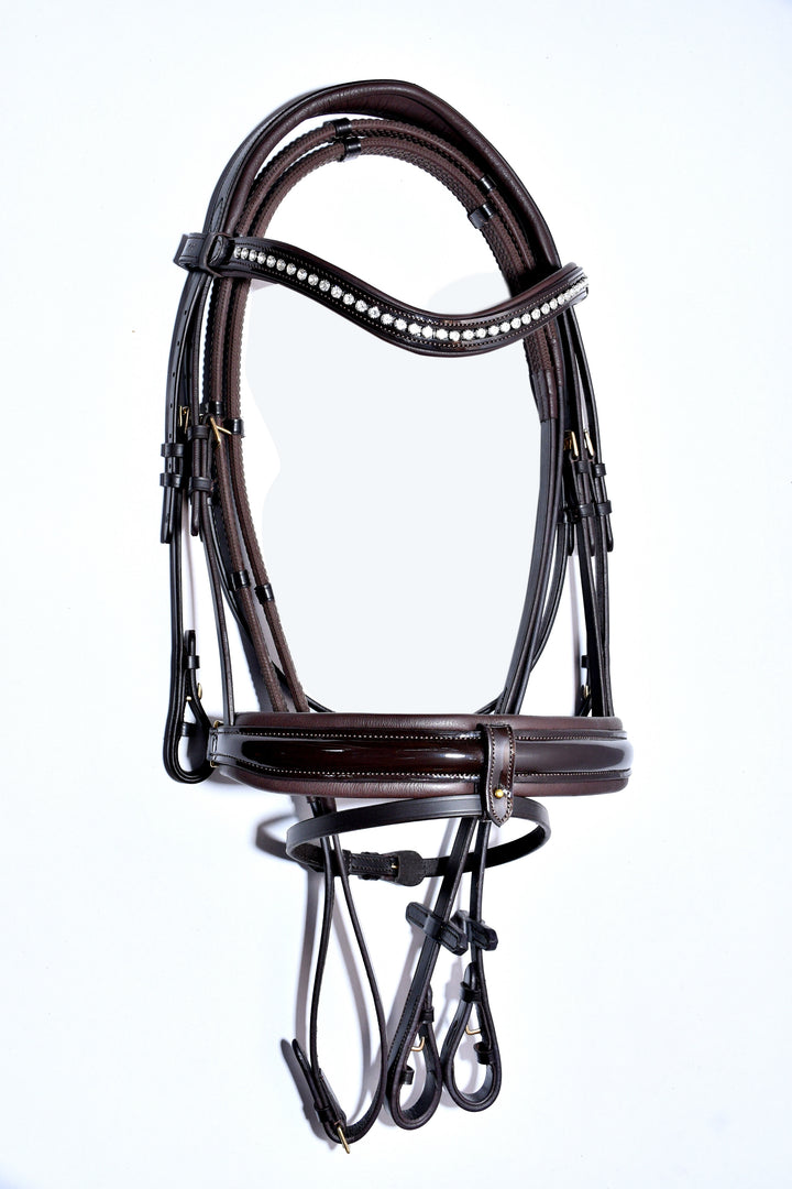 Extra Padded Patent Leather Snaffle Bridle, w/ English Leather Rubber Reins w/Stops - Bridleberry Leather Tack Co. 