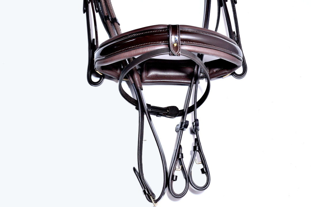 Extra Padded Patent Leather Snaffle Bridle, w/ English Leather Rubber Reins w/Stops - Bridleberry Leather Tack Co. 