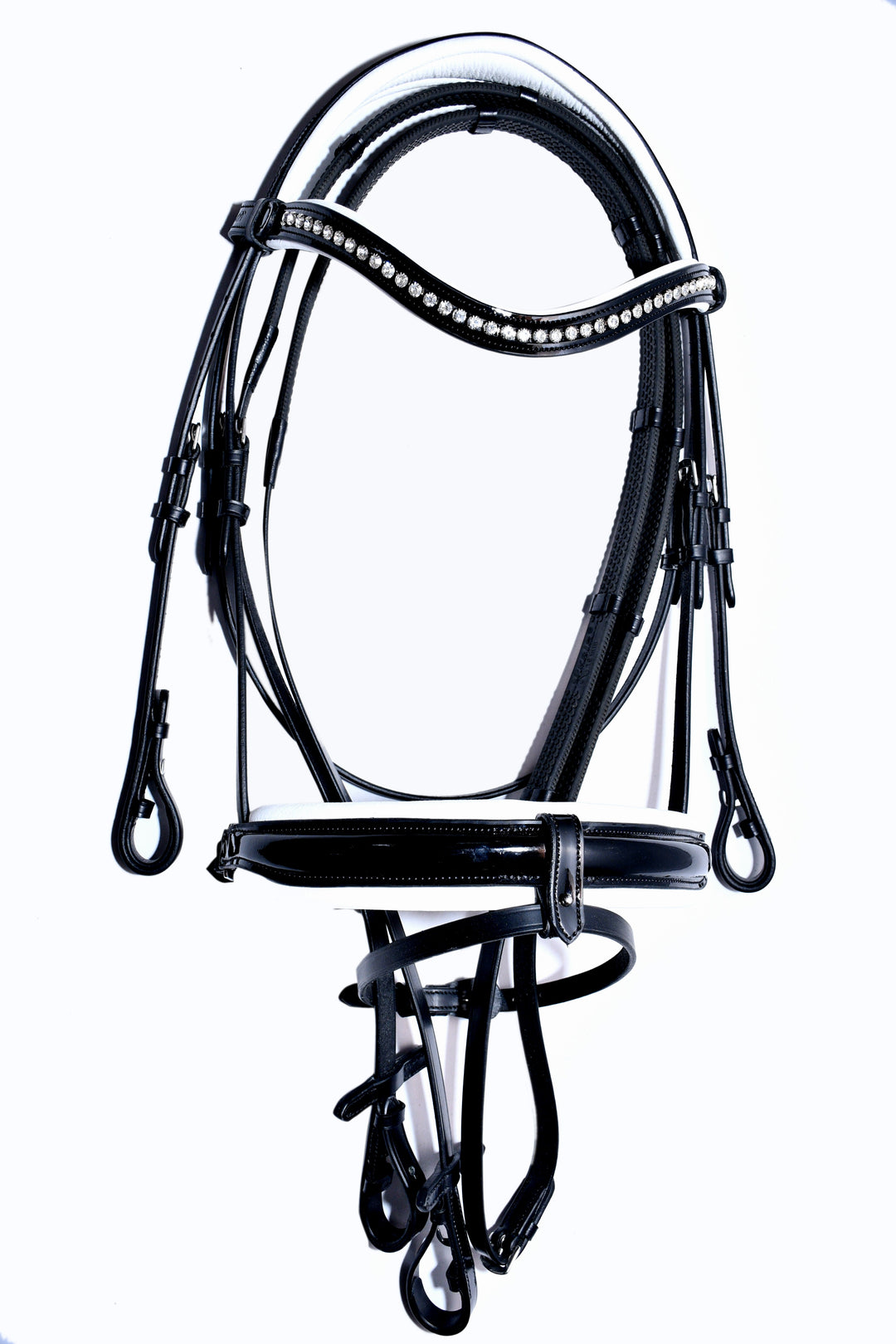 Extra Padded Patent Leather Snaffle Bridle, w/ English Leather Rubber Reins w/Stops - Bridleberry Leather Tack Co. 