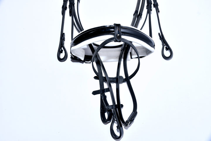 Extra Padded Patent Leather Snaffle Bridle, w/ English Leather Rubber Reins w/Stops - Bridleberry Leather Tack Co. 