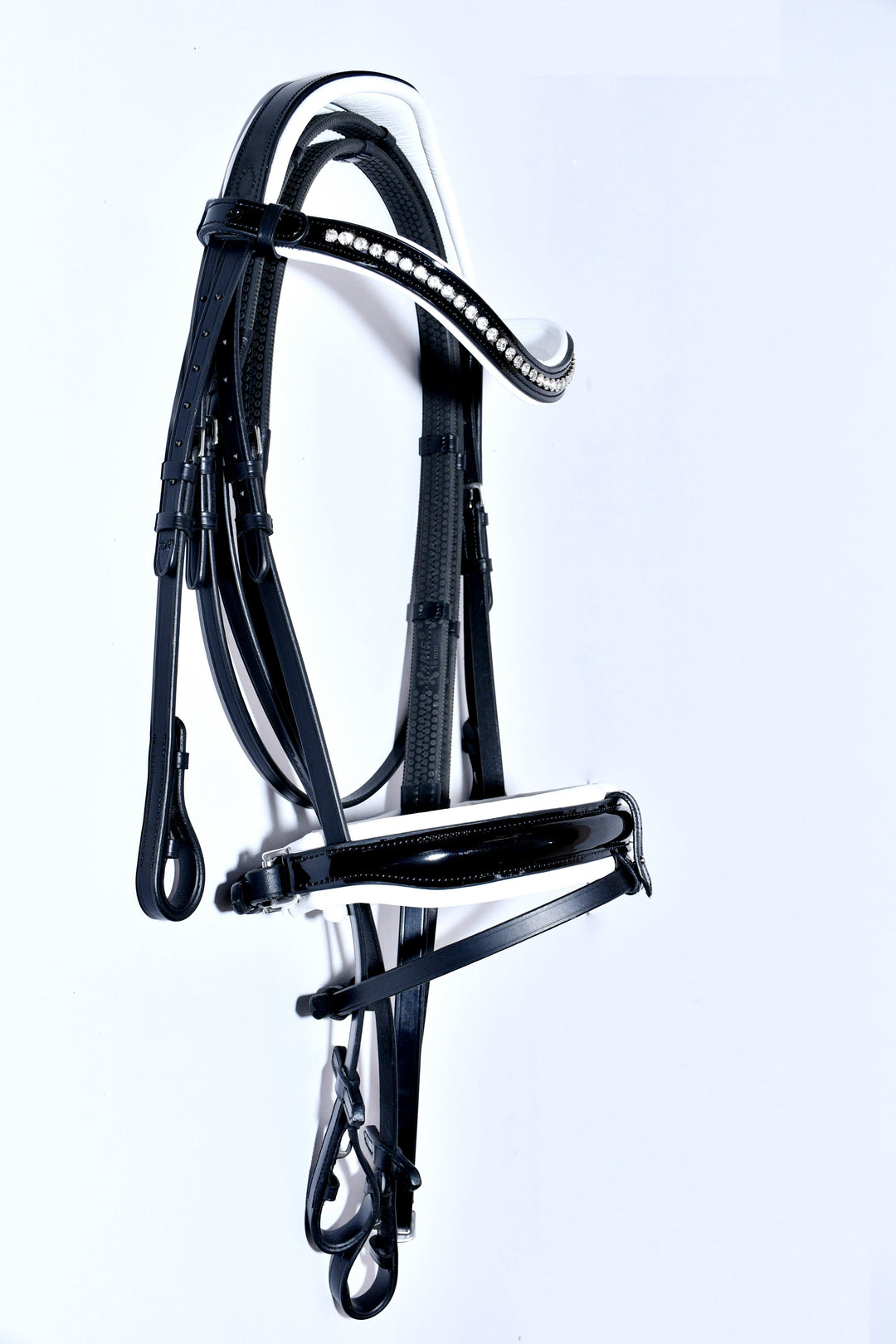 Extra Padded Patent Leather Snaffle Bridle, w/ English Leather Rubber Reins w/Stops - Bridleberry Leather Tack Co. 