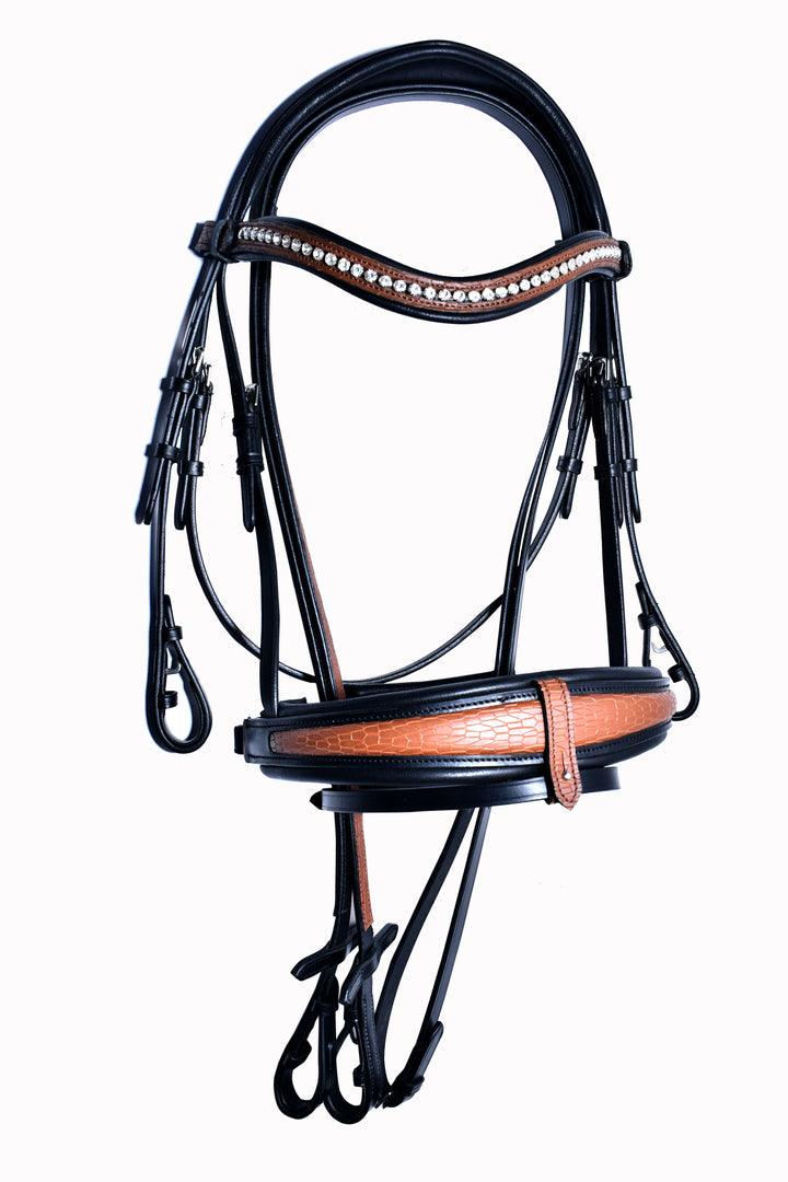 #52 Extra Padded Full Grain Leather Two Tone Textured Bridle w/ English Leather Reins