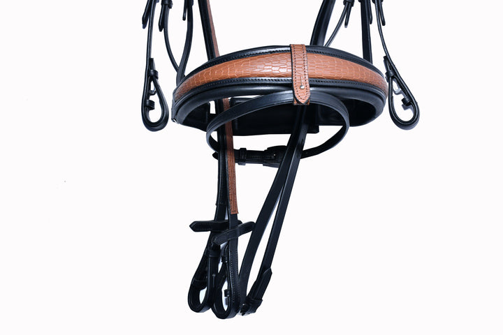 #52 Extra Padded Full Grain Leather Two Tone Textured Bridle w/ English Leather Reins