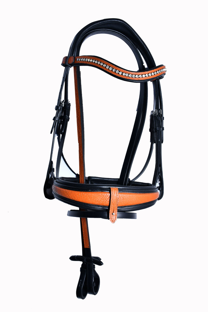 #54 Extra Padded Snaffle Bridle in Full Grain Leather, Two Tone Basket Weave Embossed Noseband w/Reins