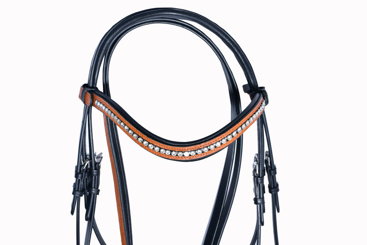 #54 Extra Padded Snaffle Bridle in Full Grain Leather, Two Tone Basket Weave Embossed Noseband w/Reins