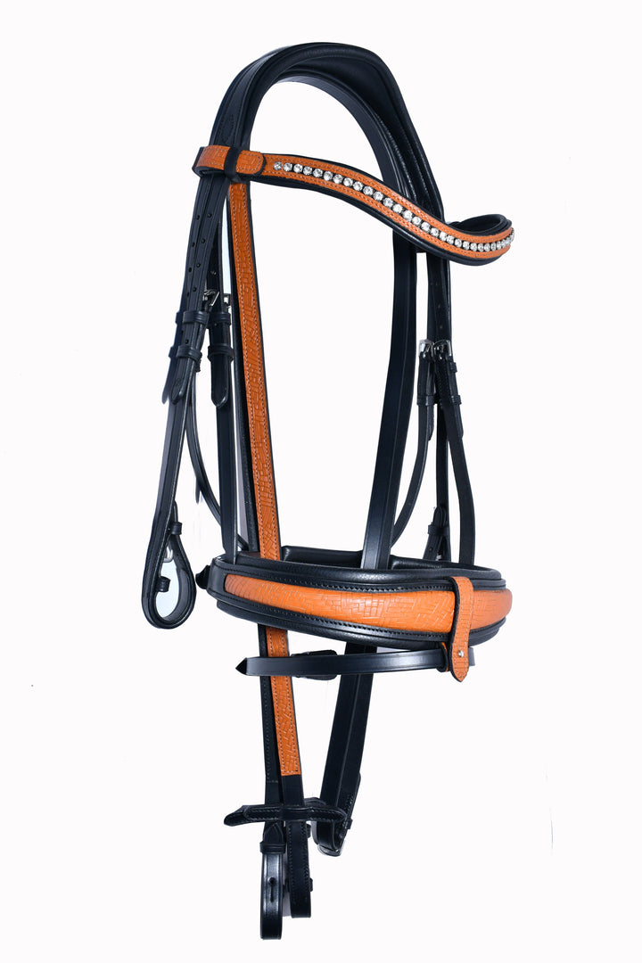 #54 Extra Padded Snaffle Bridle in Full Grain Leather, Two Tone Basket Weave Embossed Noseband w/Reins