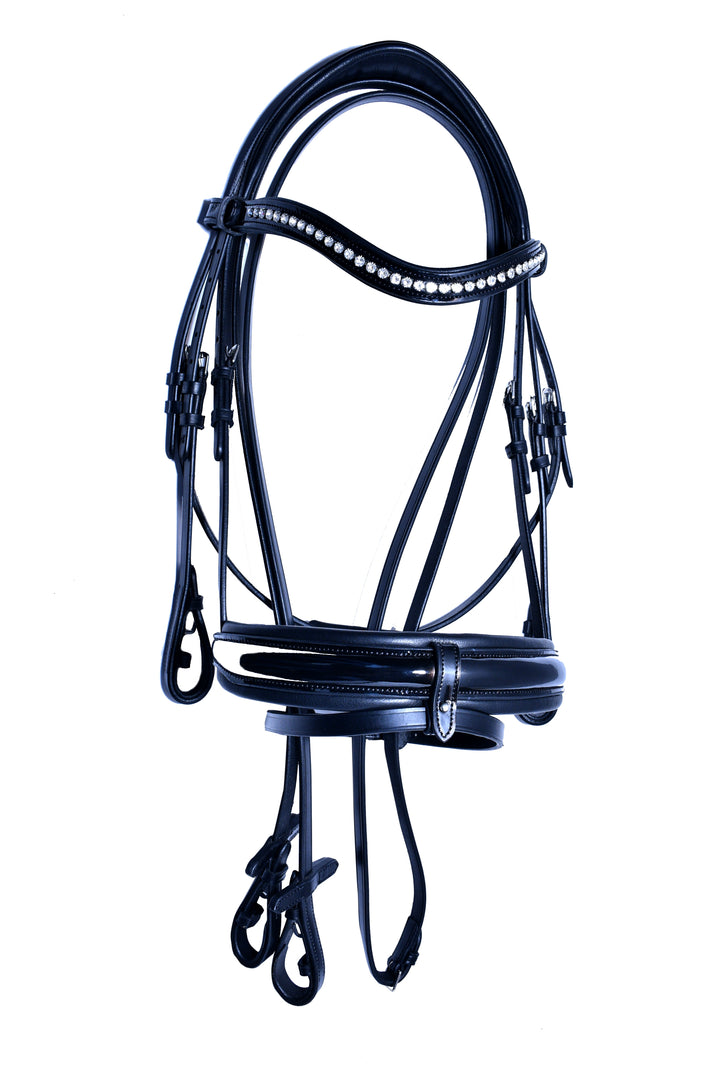 #50 Extra Padded Double Bridle, Extra Cushioning for Comfort,Patent Leather Noseband, Crystal Browband  includes Two sets of Reins