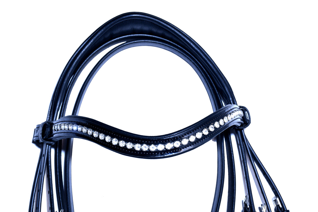 #50 Extra Padded Double Bridle, Extra Cushioning for Comfort,Patent Leather Noseband, Crystal Browband  includes Two sets of Reins