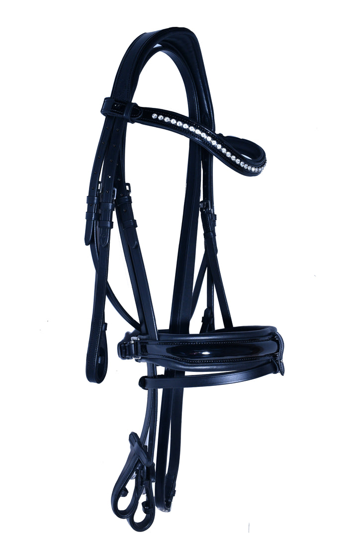 #50 Extra Padded Double Bridle, Extra Cushioning for Comfort,Patent Leather Noseband, Crystal Browband  includes Two sets of Reins