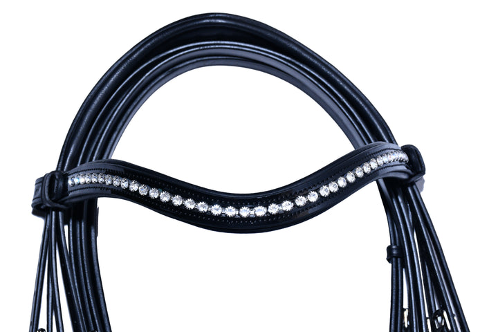 #50 Extra Padded Double Bridle, Extra Cushioning for Comfort,Patent Leather Noseband, Crystal Browband  includes Two sets of Reins