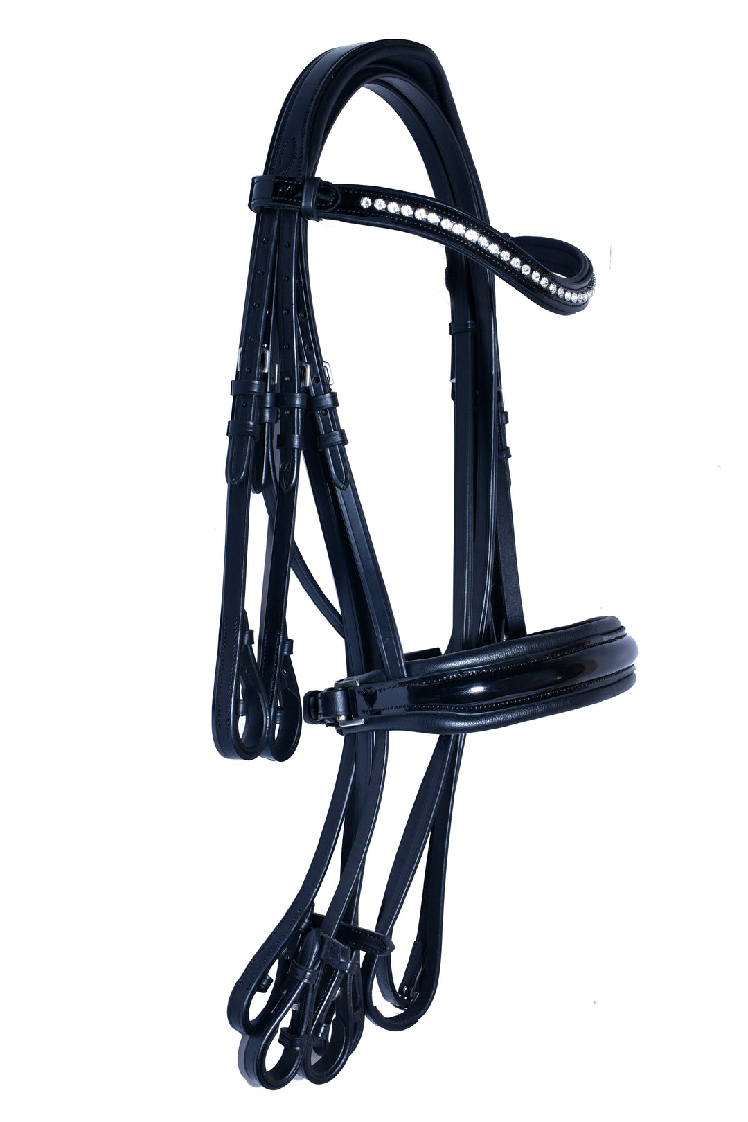 #50 Extra Padded Double Bridle, Extra Cushioning for Comfort,Patent Leather Noseband, Crystal Browband  includes Two sets of Reins