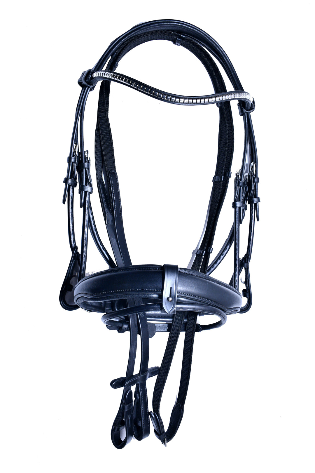 #7-Rolled Leather Bridle w/Metal Designed Browband & Anti-Slip Rubber Reins with stops