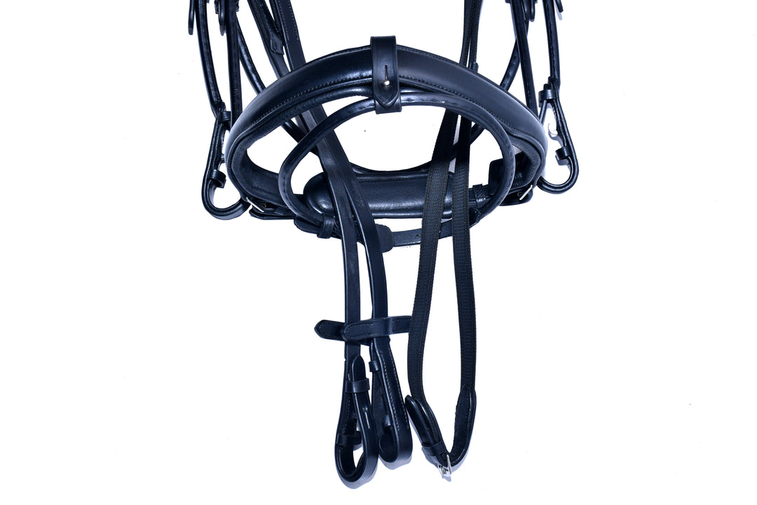 #7-Rolled Leather Bridle w/Metal Designed Browband & Anti-Slip Rubber Reins with stops